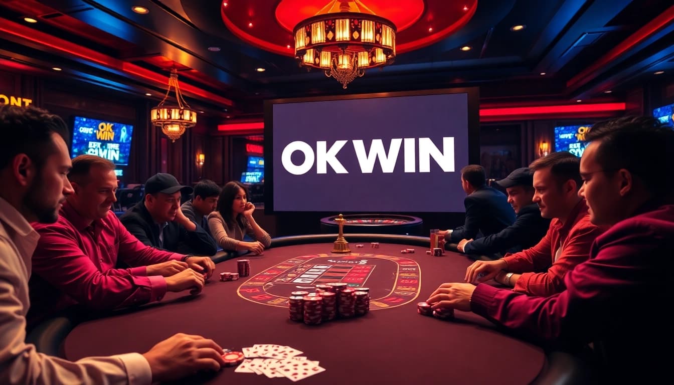 Engaging poker scene at a casino highlighting OK WIN betting options with vibrant colors.