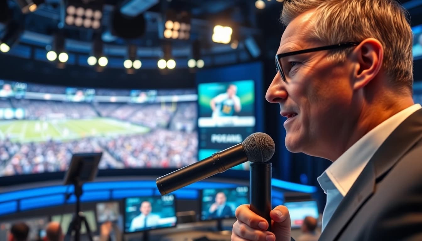 Host delivering live Sports Broadcasting news in a vibrant studio setting.