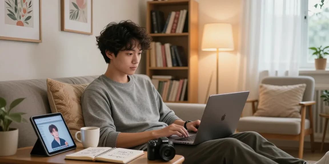 Engaging in an AI chat NSFW session in a relaxed home setting amid warm lighting and intimate decor.
