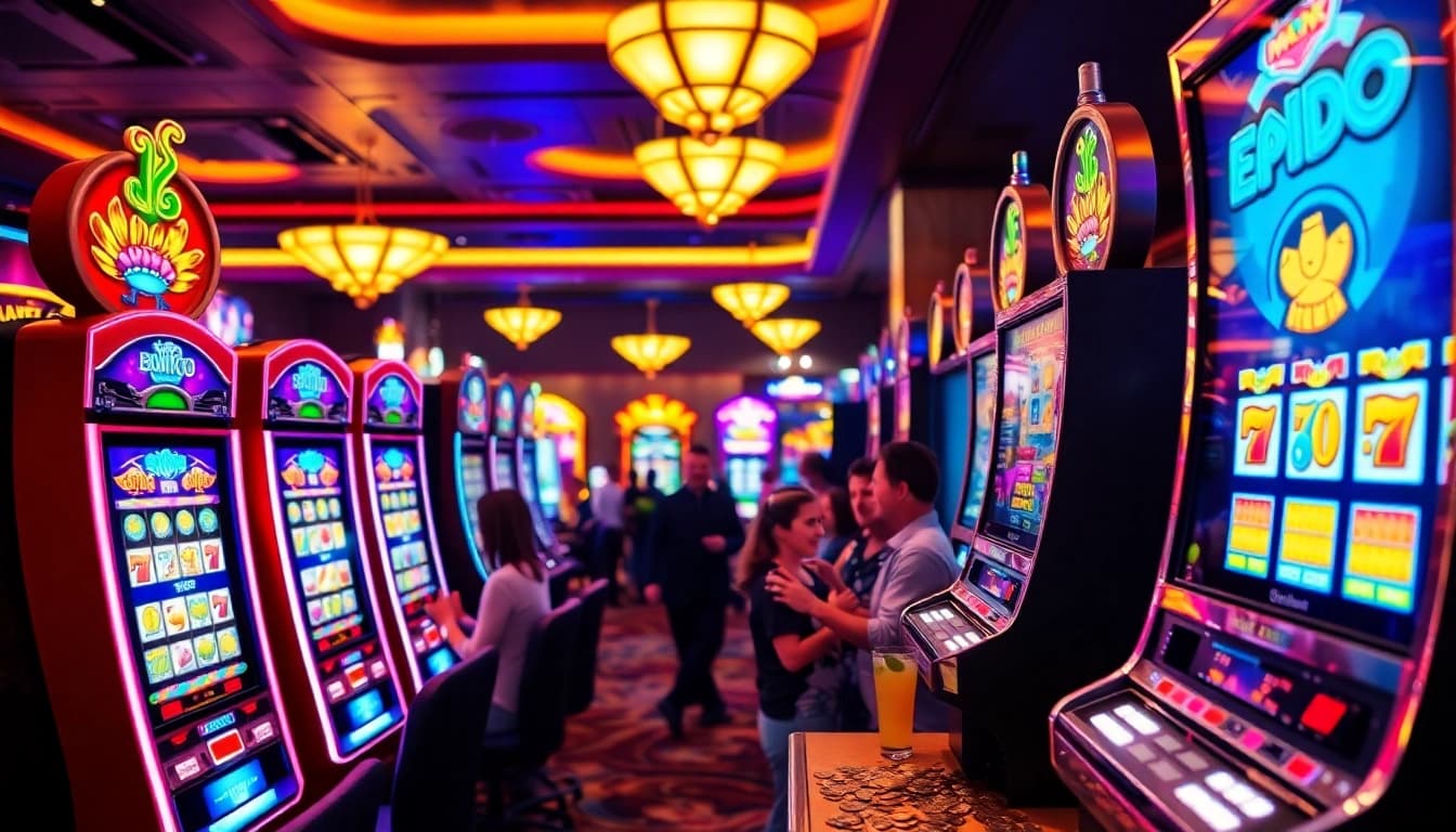 Slot Game yang menarik dan cerah di kasino dengan pelanggan yang bahagia