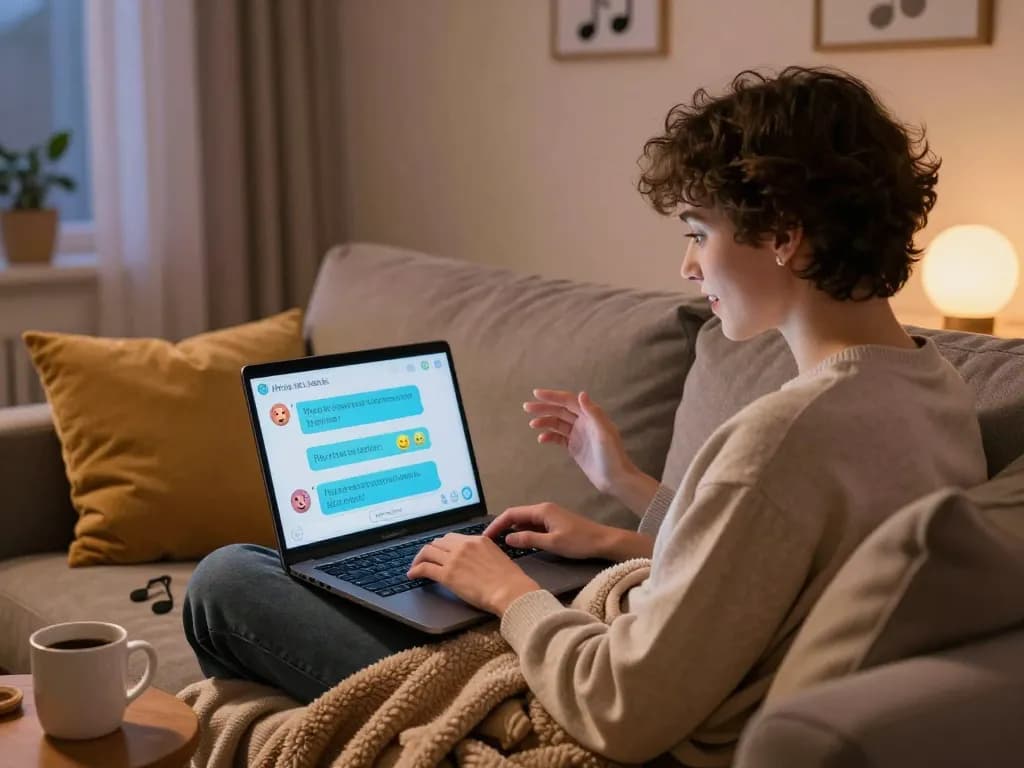 Engaging AI chat NSFW experience on a cozy sofa, with animated character interaction displayed on the laptop.