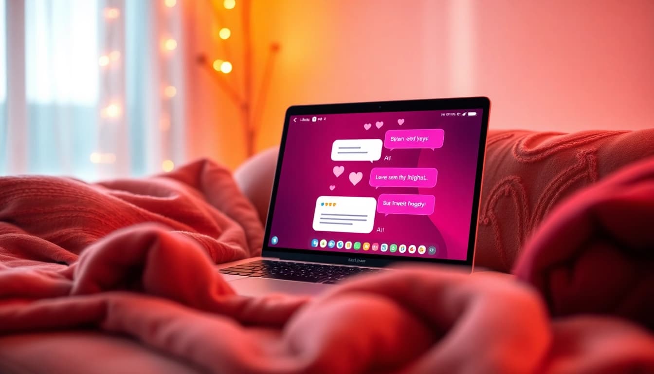 Cozy setting showcasing sex AI chat interface on a laptop, warm lighting, inviting atmosphere.