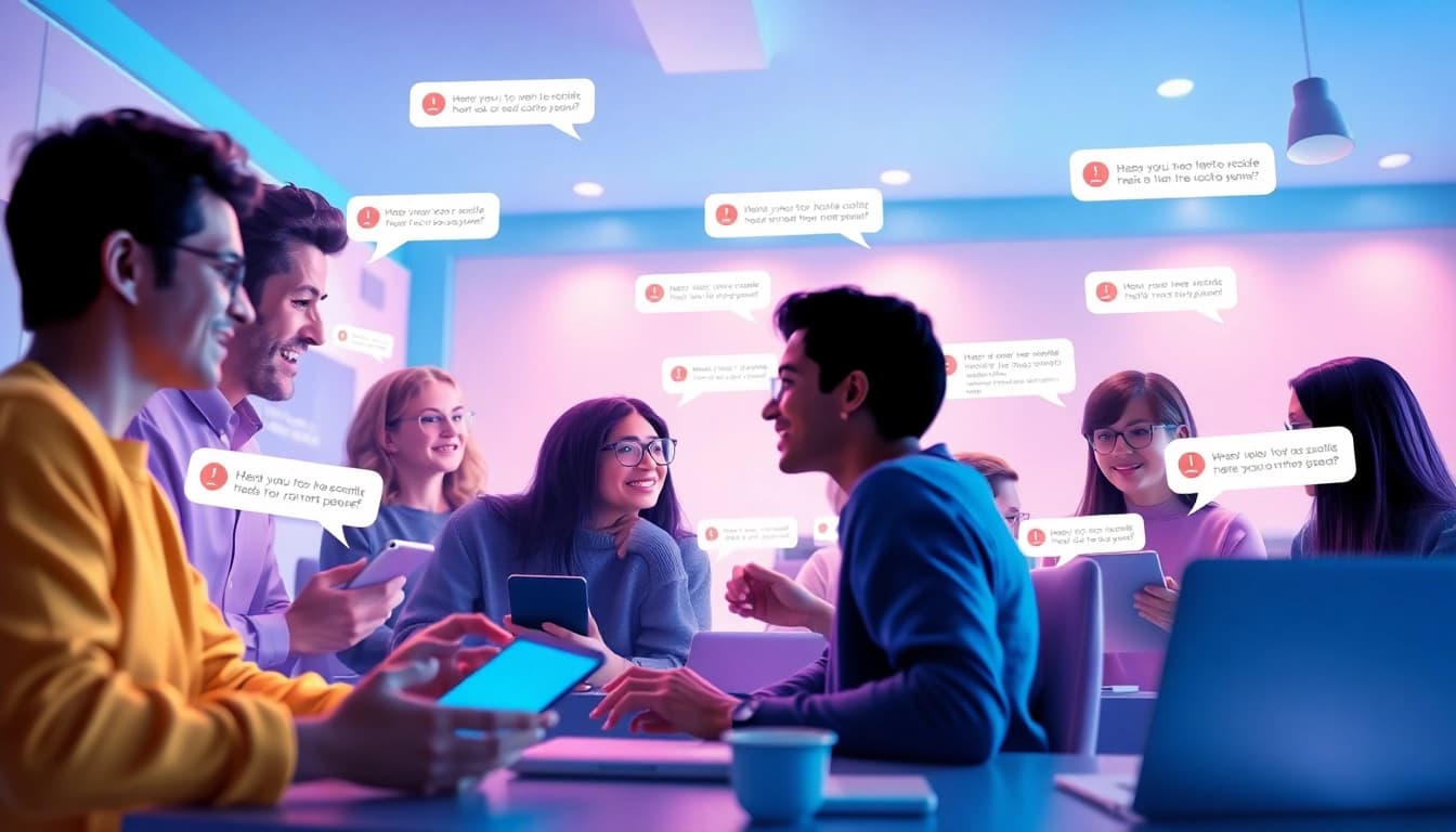 صورة جذابة لـ شات تعب قلبي مع مستخدمين متنوعين يتفاعلون عبر الإنترنت في غرفة دردشة نابضة بالحياة.