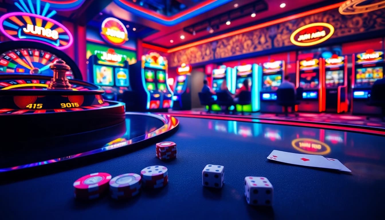 Experience high-energy gaming at Jun88 Casino with vibrant slot machines, roulette, and poker action.