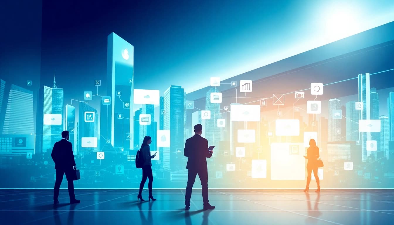 SaaS marketplace showcasing software applications on a digital interface with users engaging.