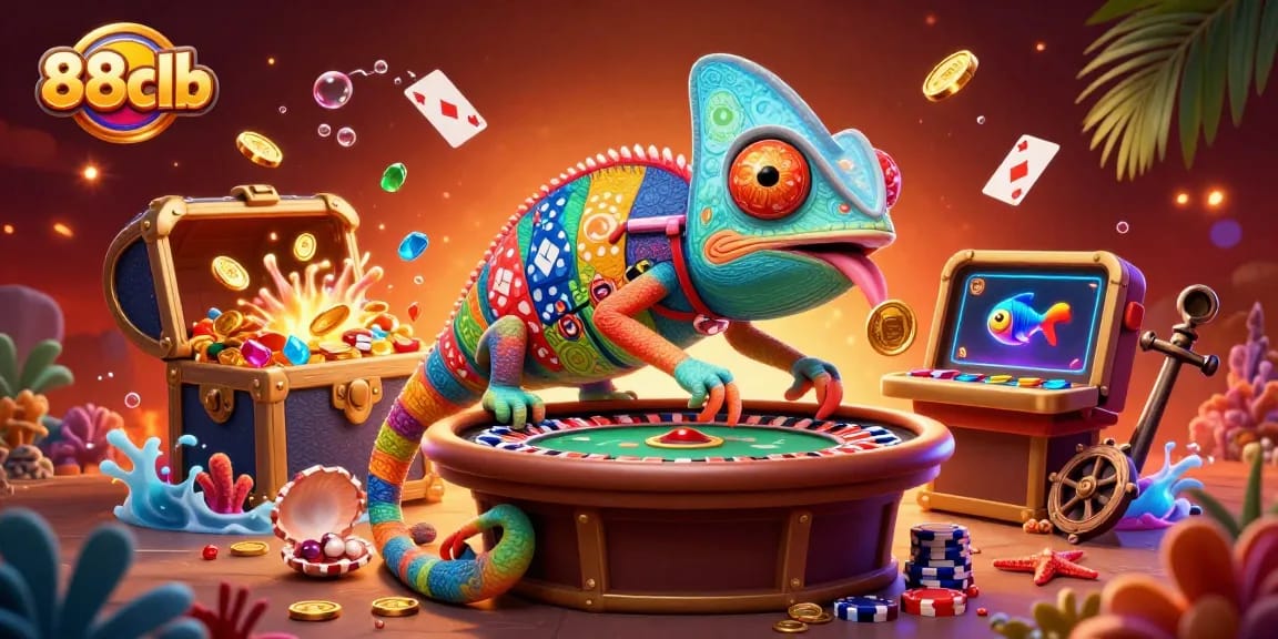 Engage in the vibrant world of casino gaming with 88clb's colorful chameleon illustration.
