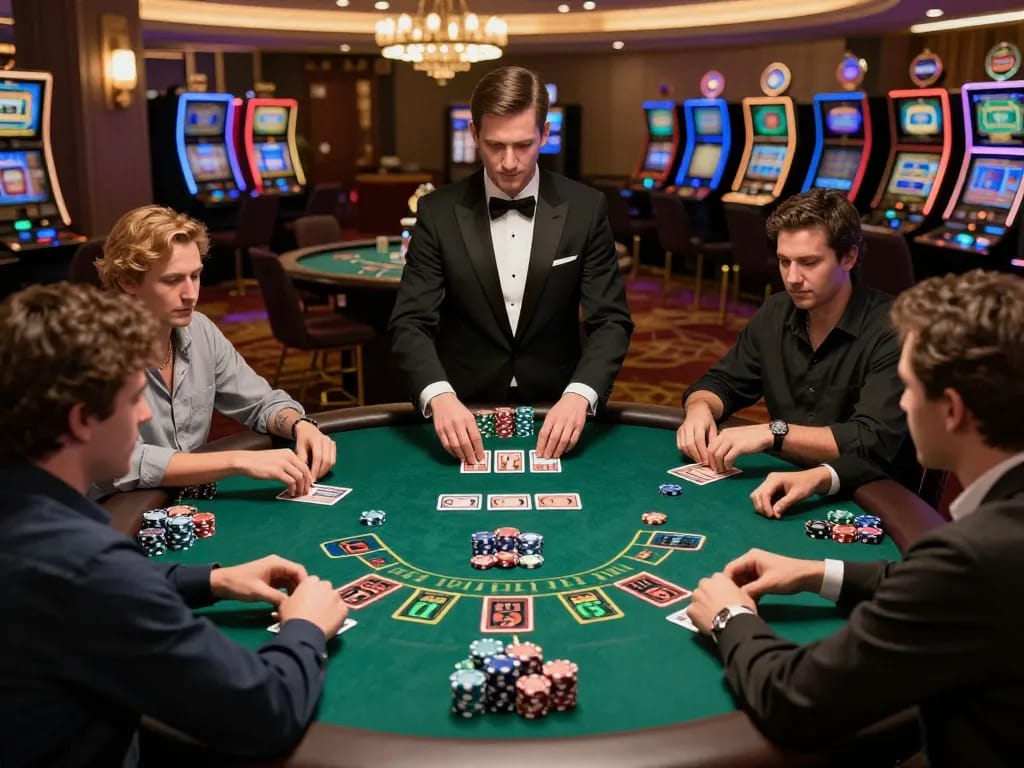 Players at the blackjack table strategizing bets in an upscale casino while engaging with HM88.