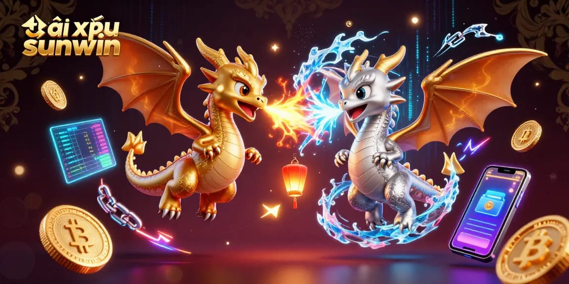 Engage in tài xỉu sunwin action with dazzling 3D cartoon dragons and crypto elements.