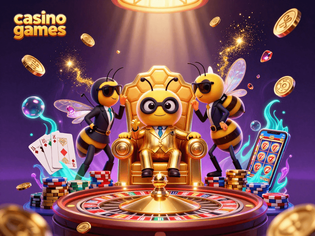 Experience thrilling casino games with a bumblebee boss and alluring gems in a vibrant 3D artwork.