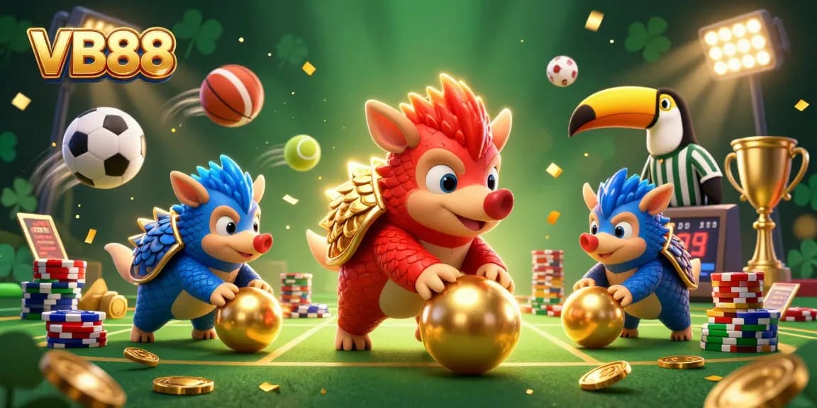 VB88 pangolin rivals roll golden balls through poker chips in a vibrant casino scene