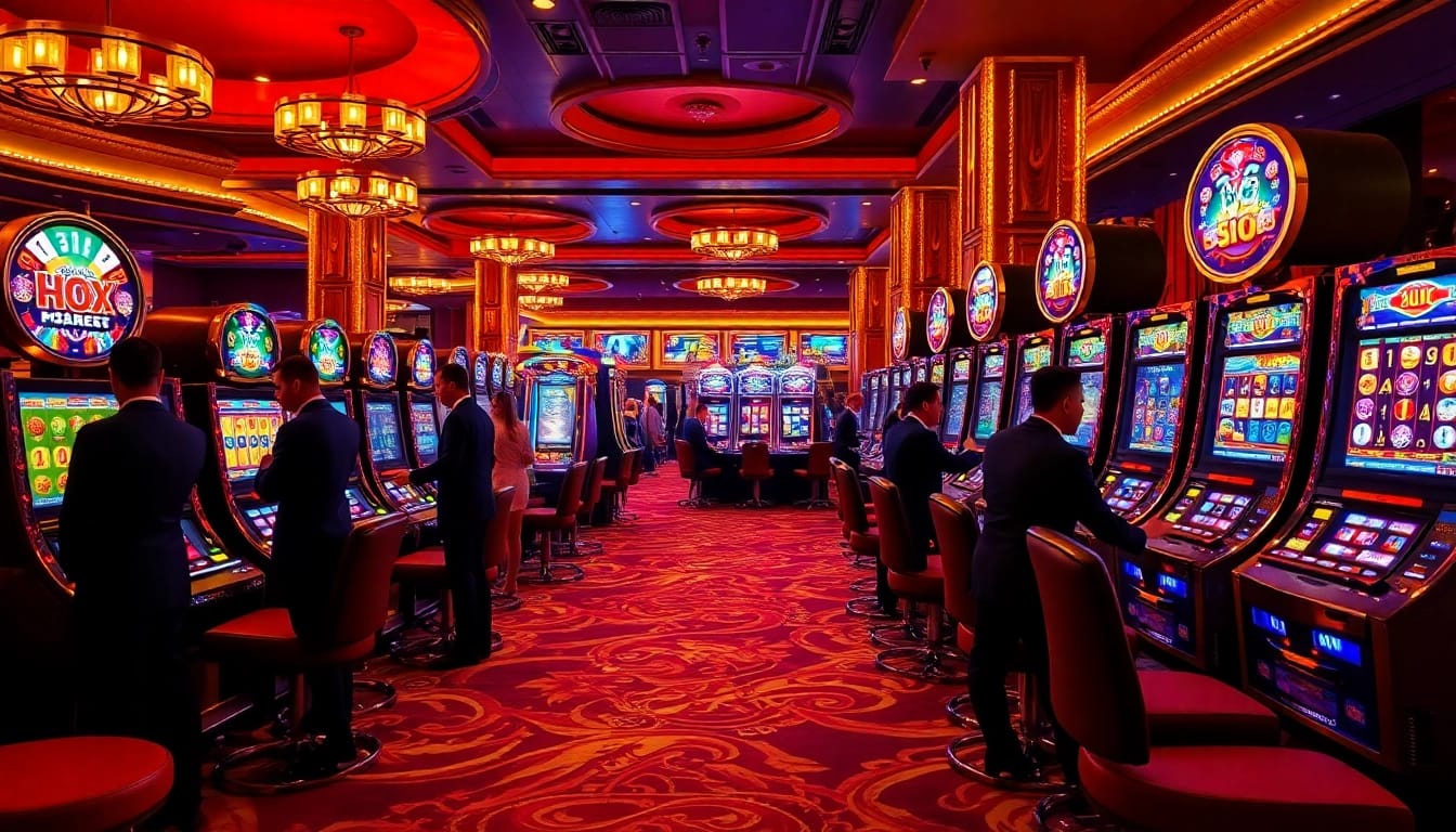 Experience thrilling slot gacor games with players enjoying vibrant casino atmosphere.