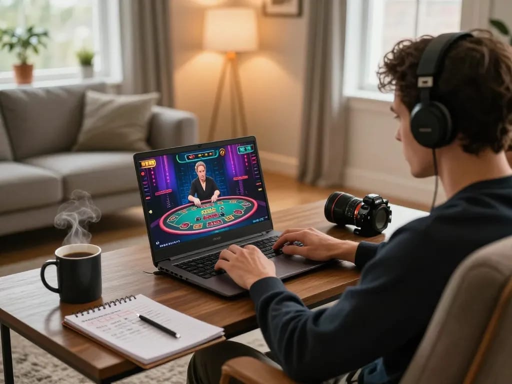 Player enjoying tr88 online gaming in a cozy home setup, focused on laptop gaming session with strategic notes.