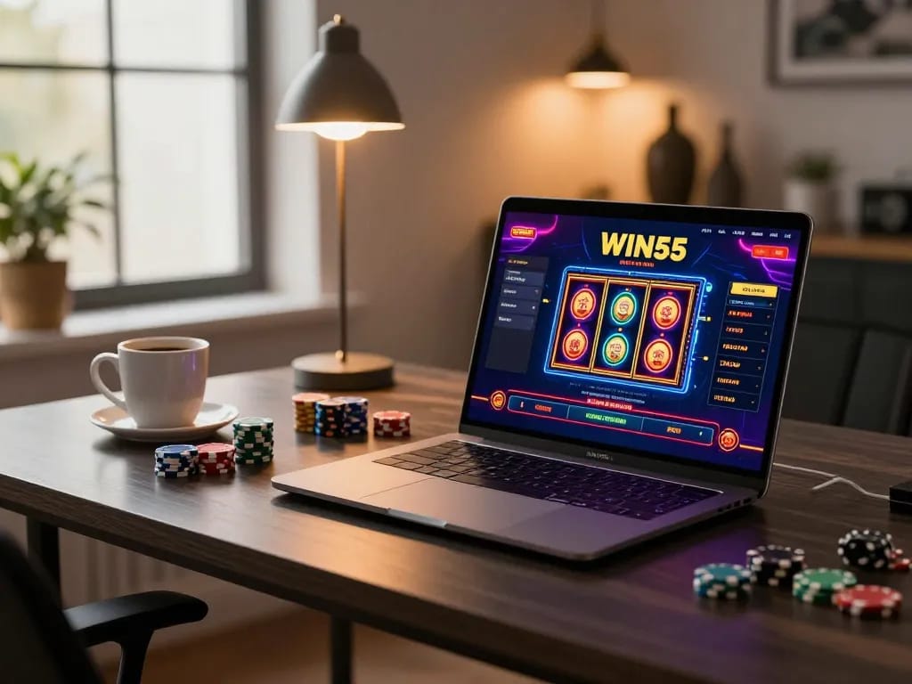 Engaged player accessing WIN55 casino app on a laptop in a stylish home office environment