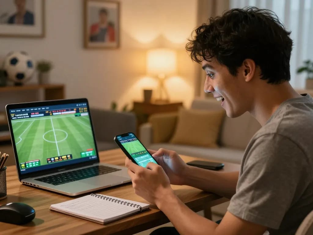 Engaged sports betting on luongsontv app during a live match in a cozy living room.