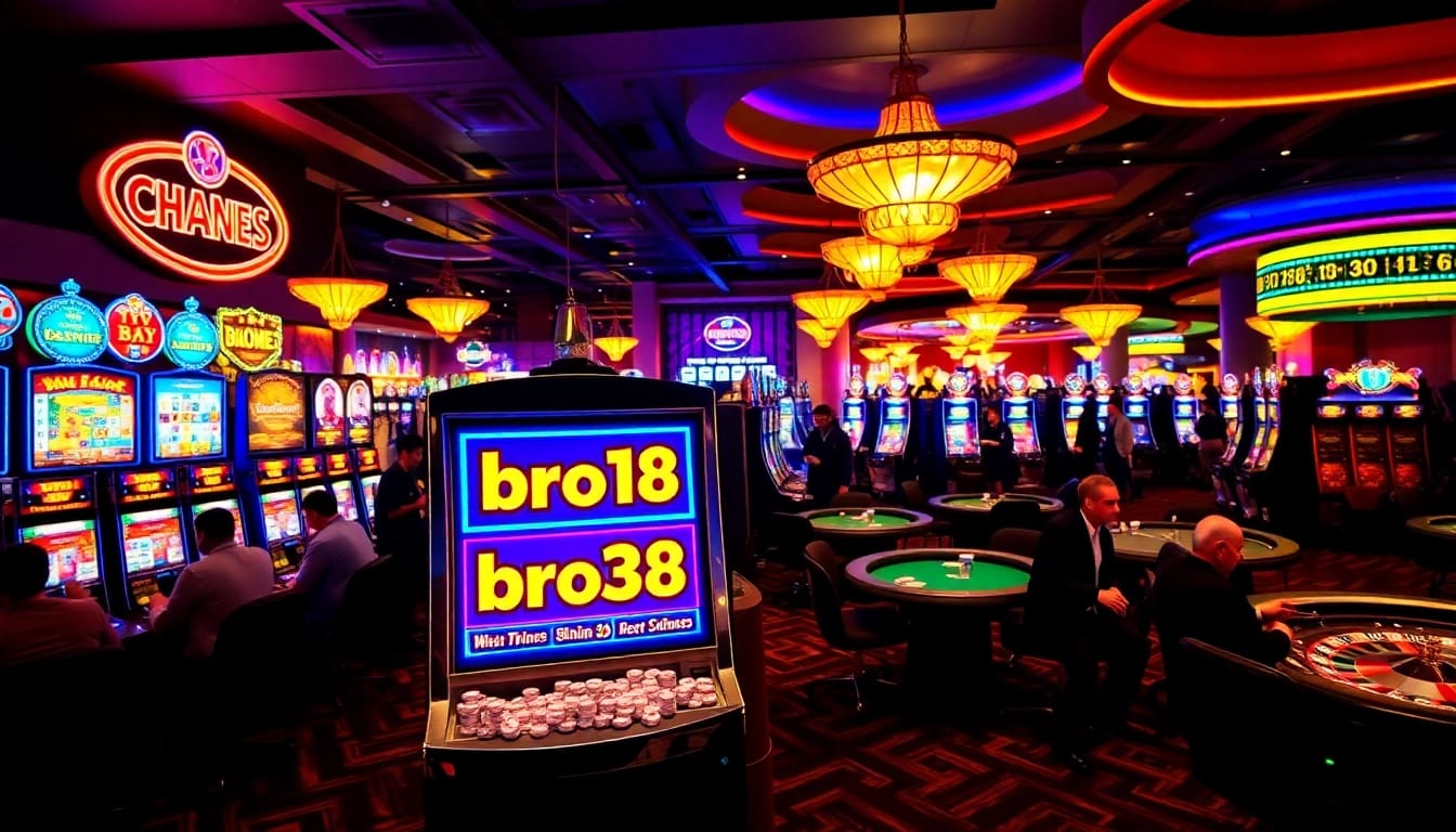Players engaging with slot machines at the luxurious bro138 casino platform, showcasing excitement and winning potential.