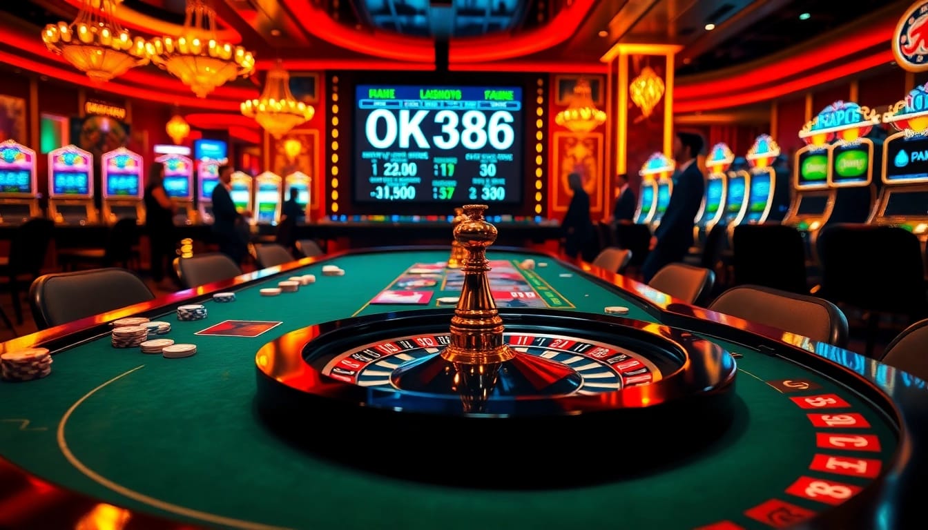 Experience thrilling casino action with OK8386 at an elegant poker table adorned with chips and cards.