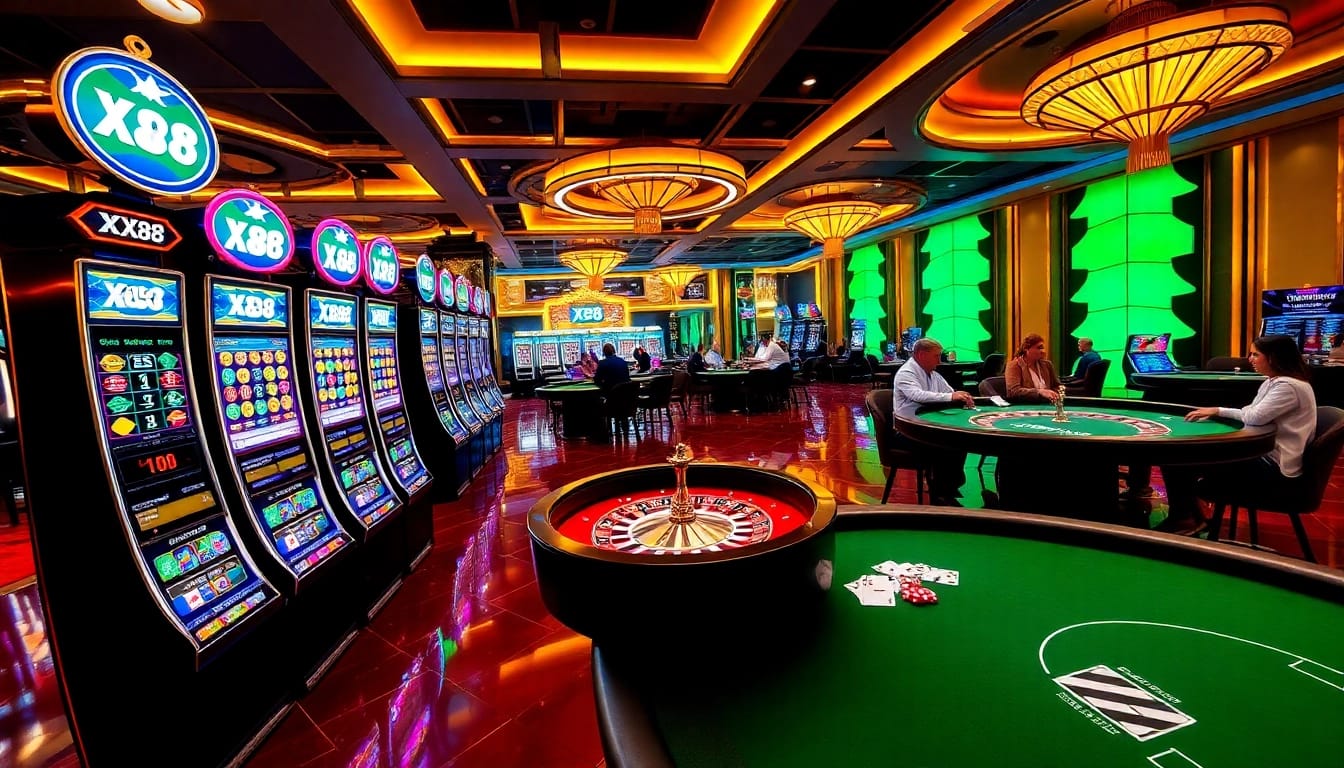 Engaging players at X88 Casino with vibrant slot machines, roulette tables, and glamorous ambiance.