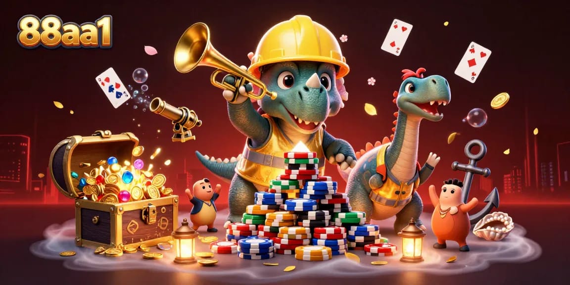 88aa1 promotes thrilling adventures in a dynamic casino-themed 3D illustration with triceratops and treasure.