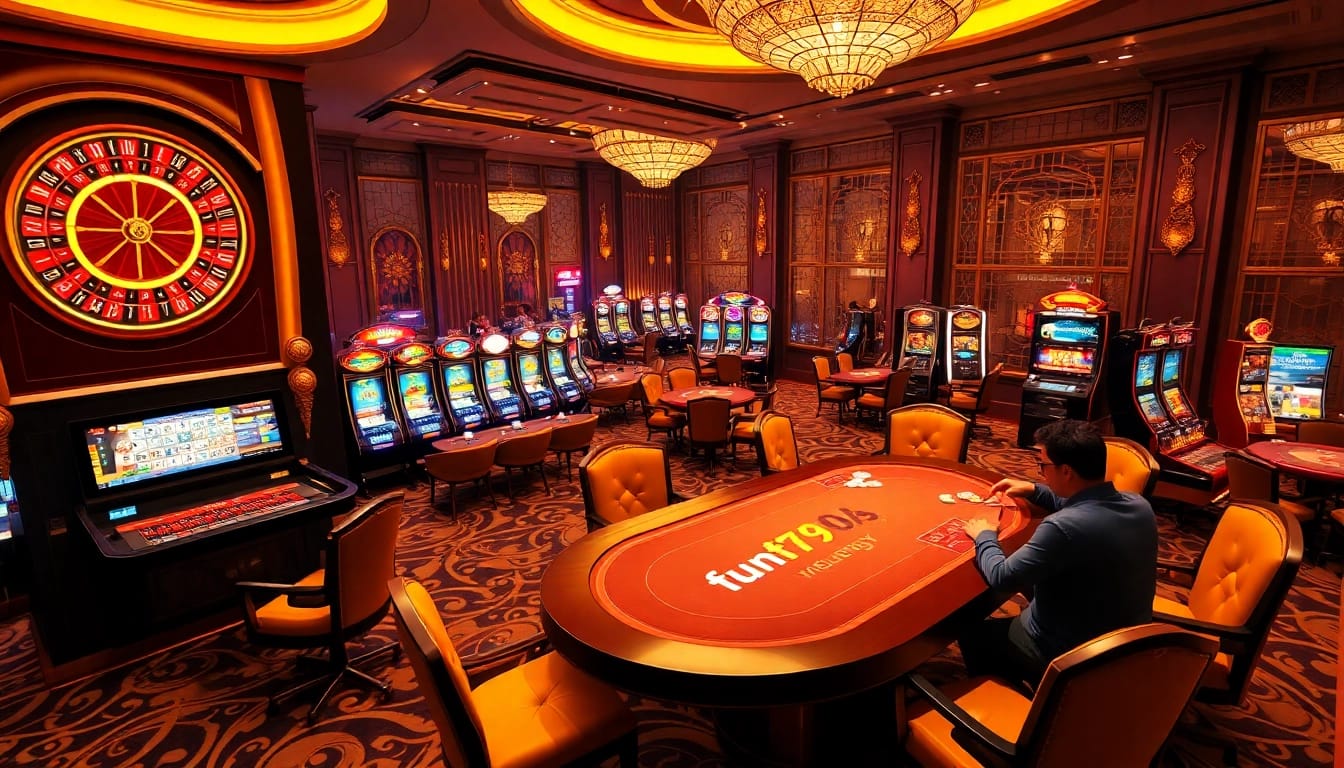 Experience excitement at fun79 with vibrant casino tables, slots, and players enjoying games.