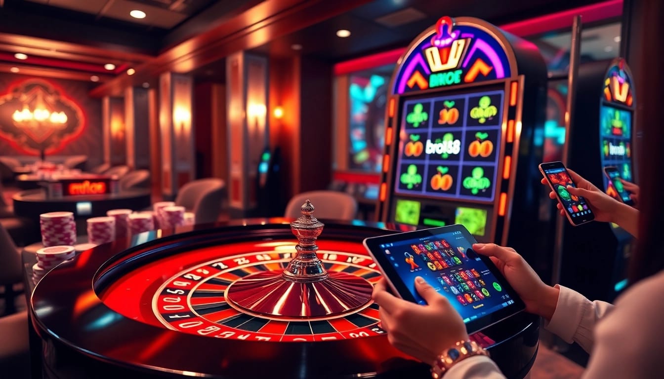 Experience excitement at bro138 with vibrant gaming scenes featuring roulette, poker, and slots.