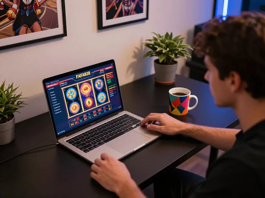 Player enjoying FAFA828 online slots on a laptop in a cozy gaming setup, emphasizing strategic gameplay