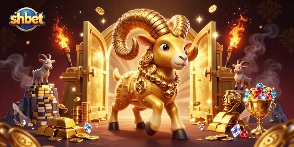 Experience the action at shbet with a golden ram charging through a treasure vault, surrounded by riches.