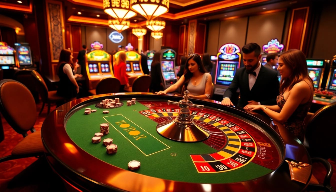 Players enjoying an exciting game of roulette at win678 casino, showcasing vibrant casino elements.