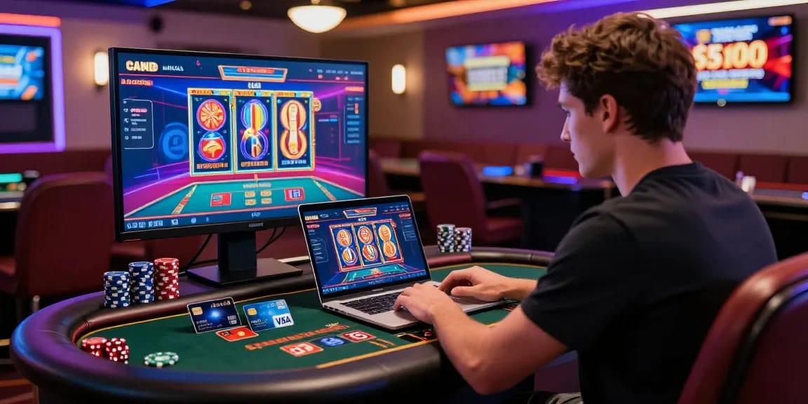 Exciting gaming atmosphere at credit card casinos UK, showcasing player engaging with diverse payment options and vibrant games.
