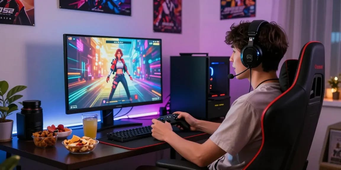Person immersed in an android hentai game on a vibrant gaming setup, showcasing the excitement of modern gaming.