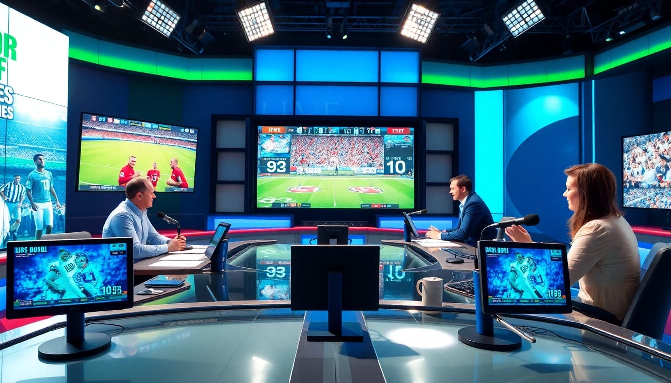 Engaging sports broadcasting studio with hosts analyzing live events and statistics.