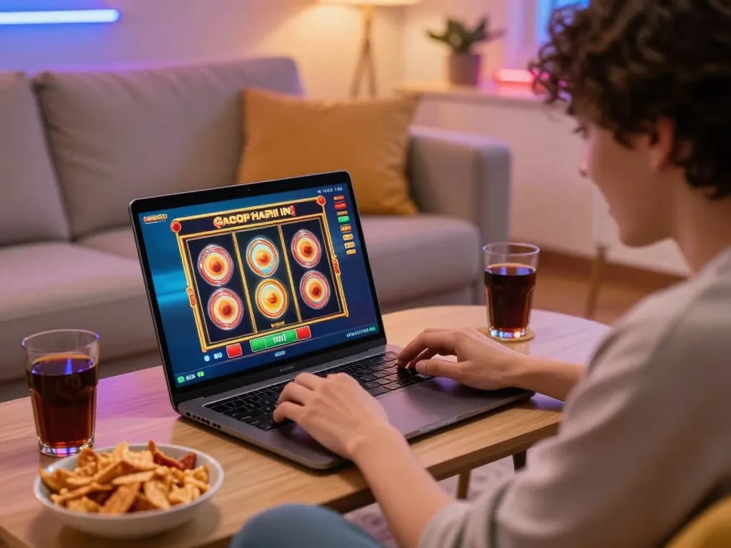 Engaging with slot gacor hari ini on laptop during cozy home gaming session