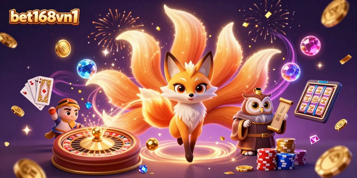 Bet168vn1 showcases a vibrant casino scene with a nine-tailed fox and magical elements.