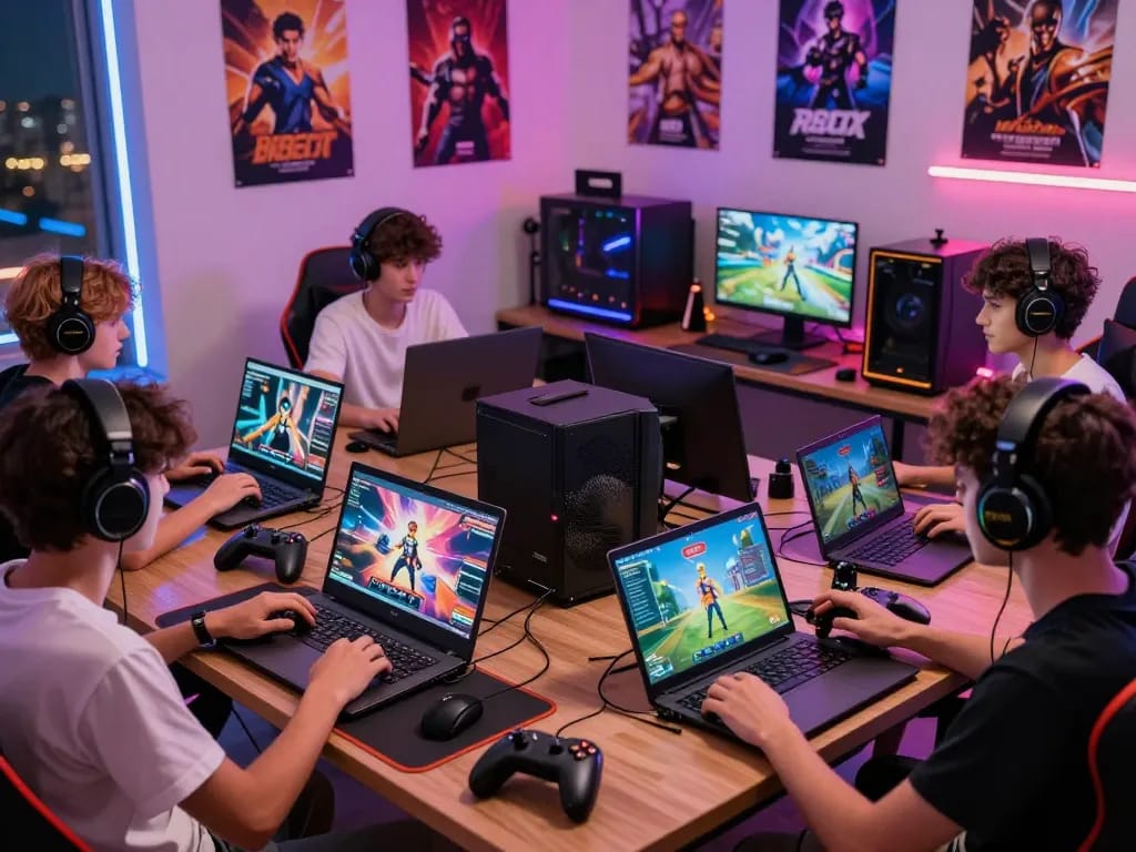 Players enjoying interactive adult games on laptops and tablets in a vibrant gaming room