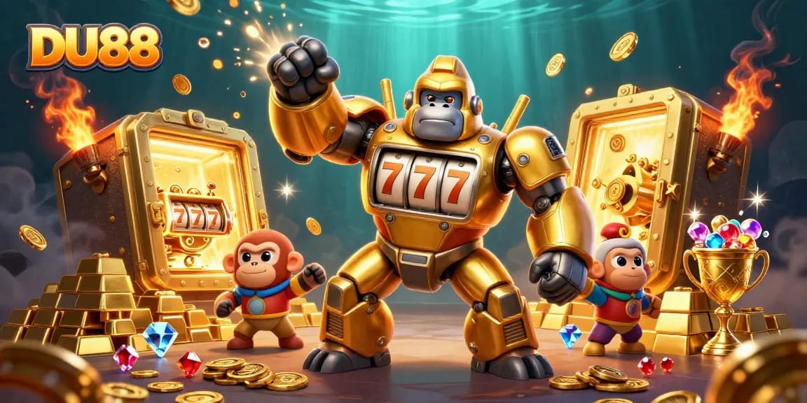 Experience thrilling wins with DU88 as a golden gorilla mech bursts with coins in a dynamic casino scene.