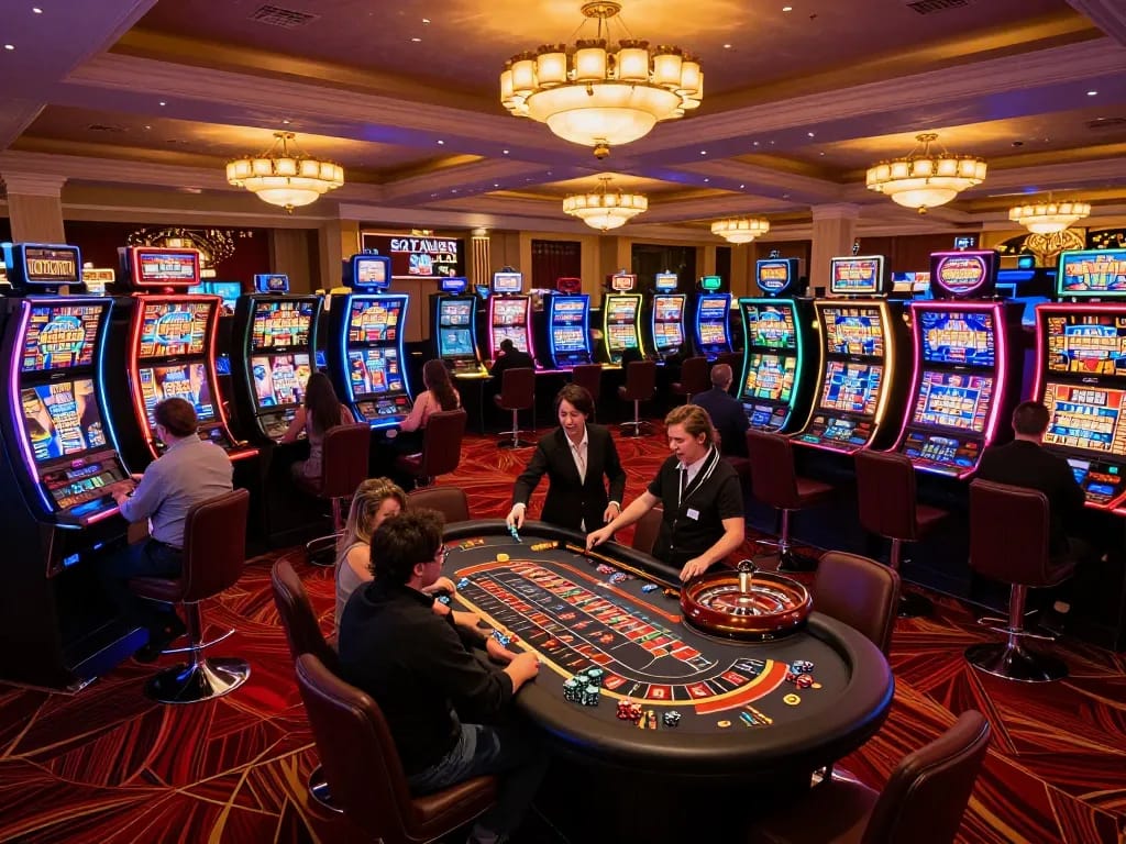 Players engaging in thrilling roulette gameplay at a luxurious casino, showcasing CasinoAtlas advantages.