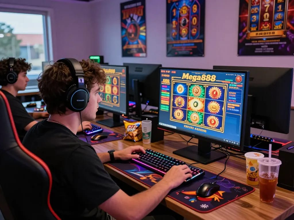 Excited gamer maximizing free credit mega888 in a vibrant online casino setting with engaging slot games on screen.