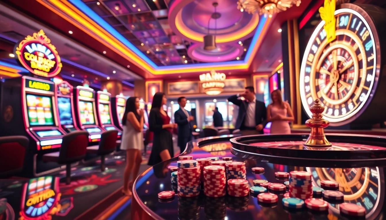 Engaging players at slot machines in a luxurious casino environment featuring nổ hũ đổi thưởng.