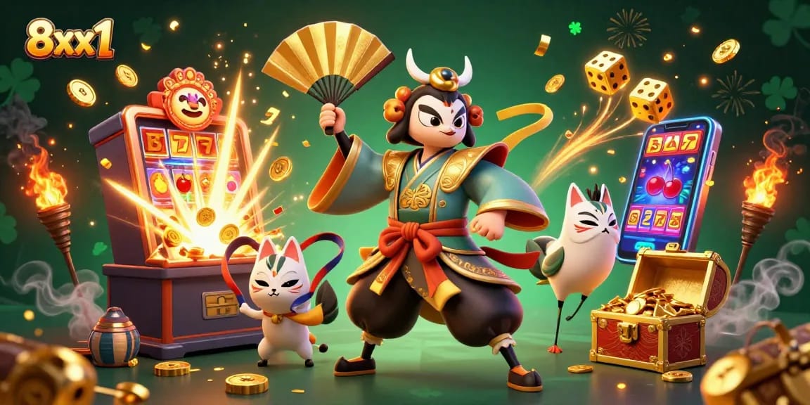 Win big at 8xx1 with jackpot slots, glowing dice, and dynamic casino elements in a vibrant scene