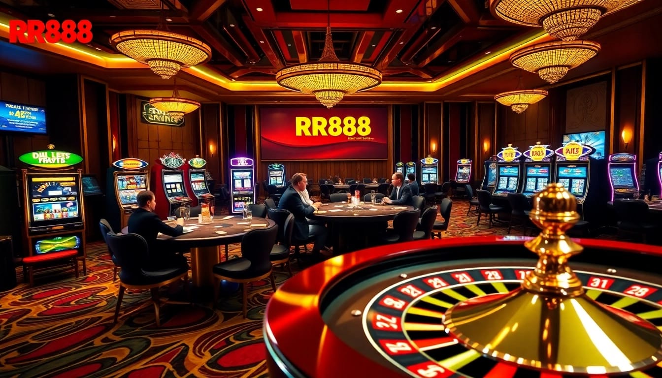 RR88 casino scene featuring engaging poker players and vibrant slot machines in a luxurious setting.