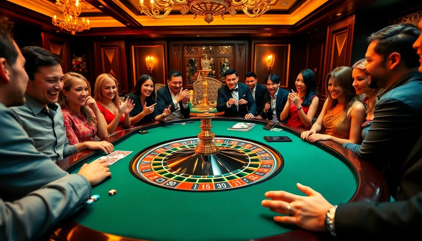 Excited players at a luxurious casino roulette table inspired by https://kk55.group