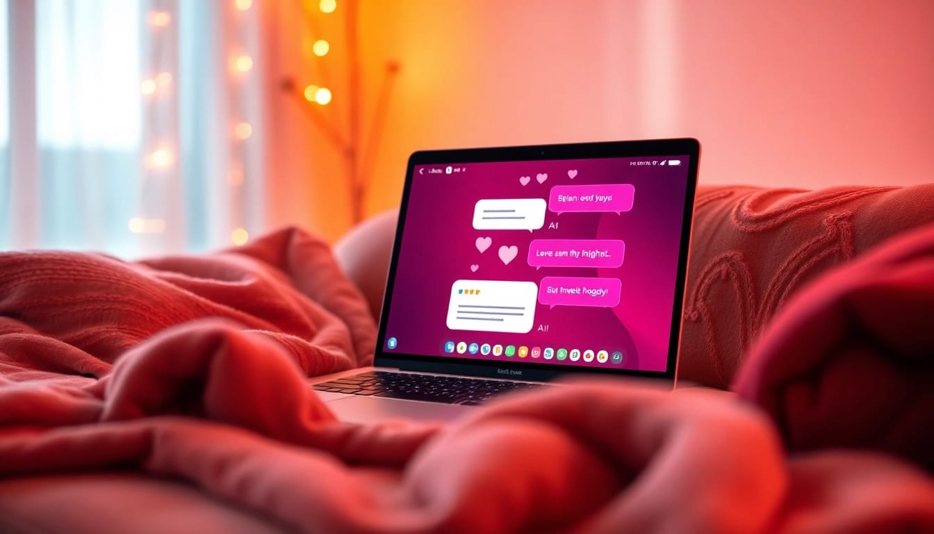Cozy setting showcasing sex AI chat interface on a laptop, warm lighting, inviting atmosphere.