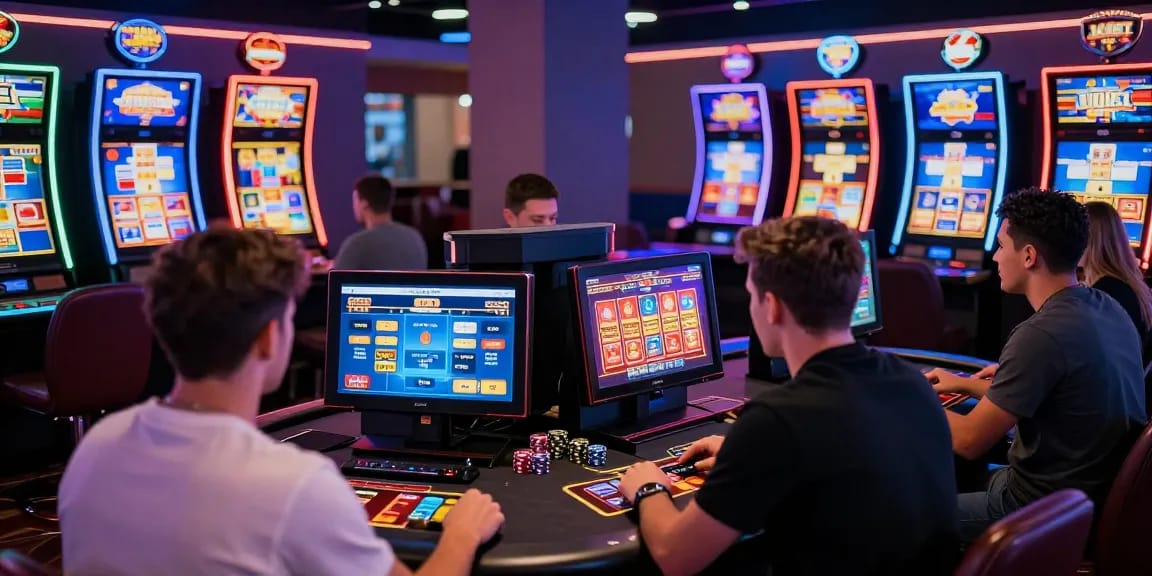 Exciting gameplay at credit card casinos UK showcasing players engaged with credit cards and vibrant gaming lights.
