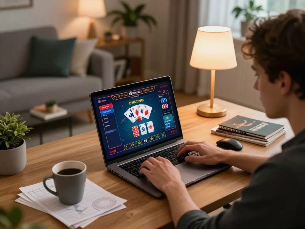 Engaged player enjoying Canadian online casinos games on laptop at home