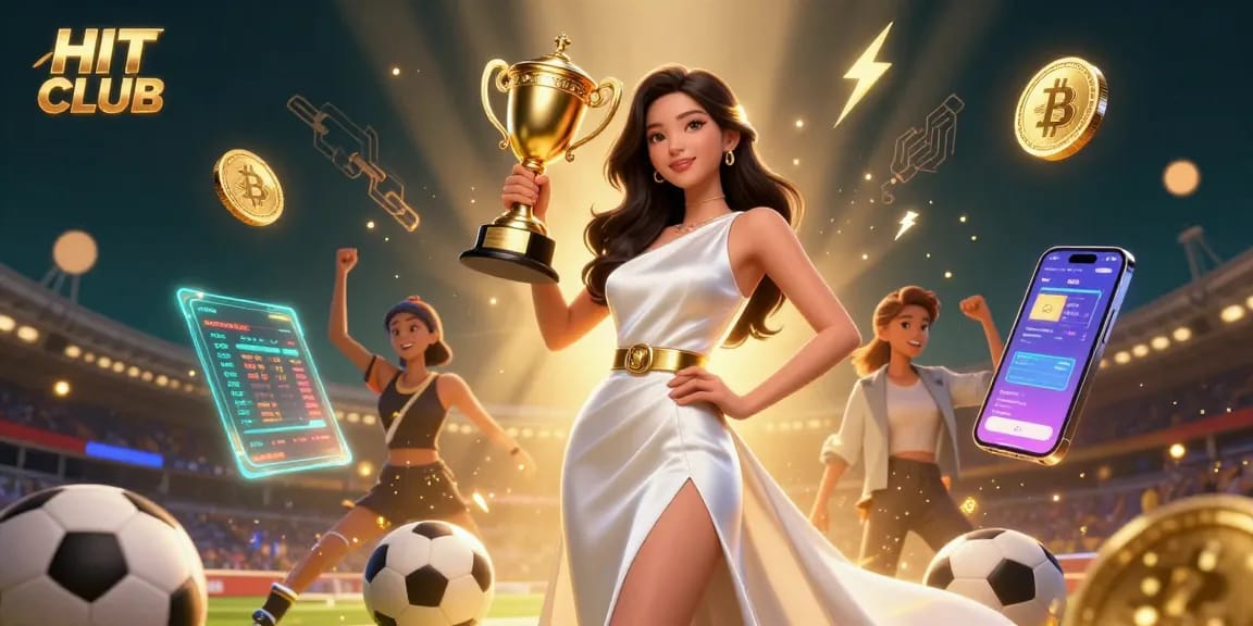 Experience wins at HIT CLUB with a victorious Asian woman holding a golden trophy amidst immersive casino elements.