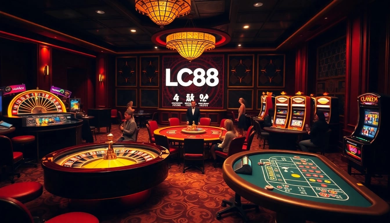 Players enjoying an exciting game at LC88 casino, showcasing vibrant slot machines and poker tables.