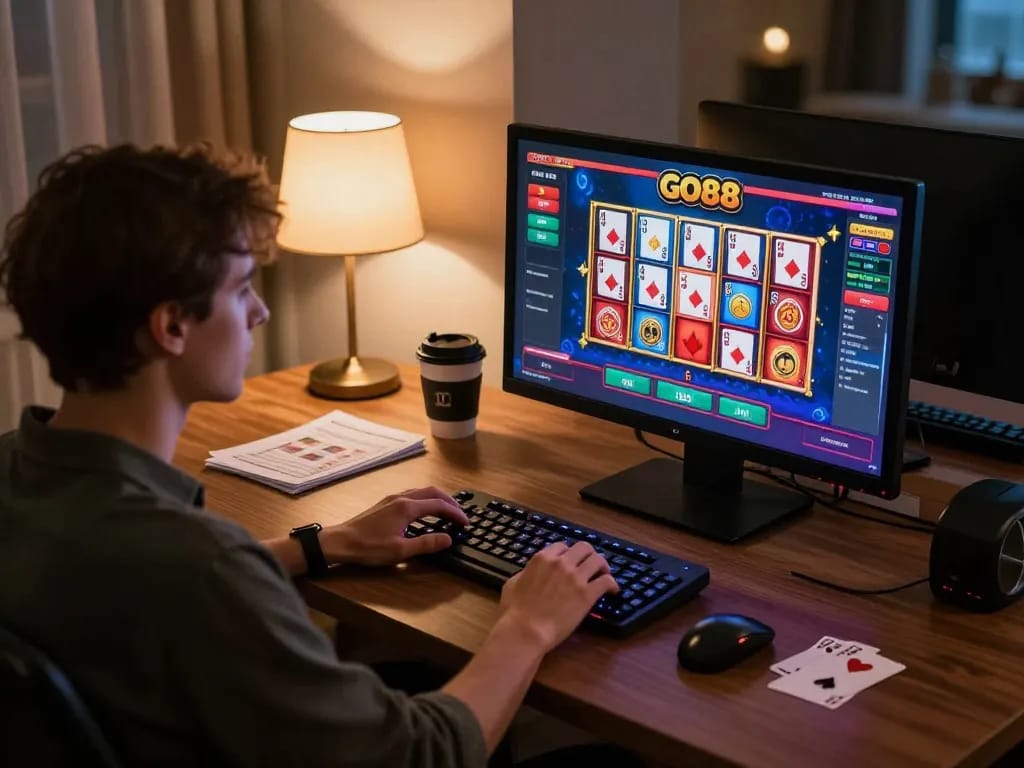 Engaging in GO88 online gambling strategy with interactive game graphics and cozy desk setting.