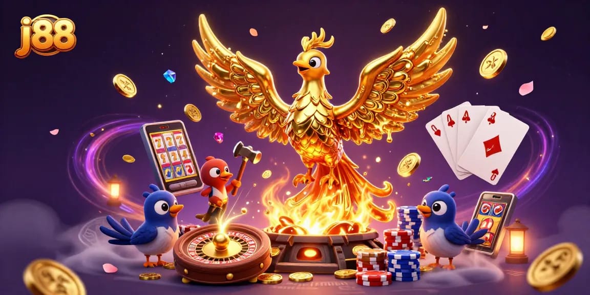 Experience thrilling j88 casino action with a golden phoenix and vibrant game elements.