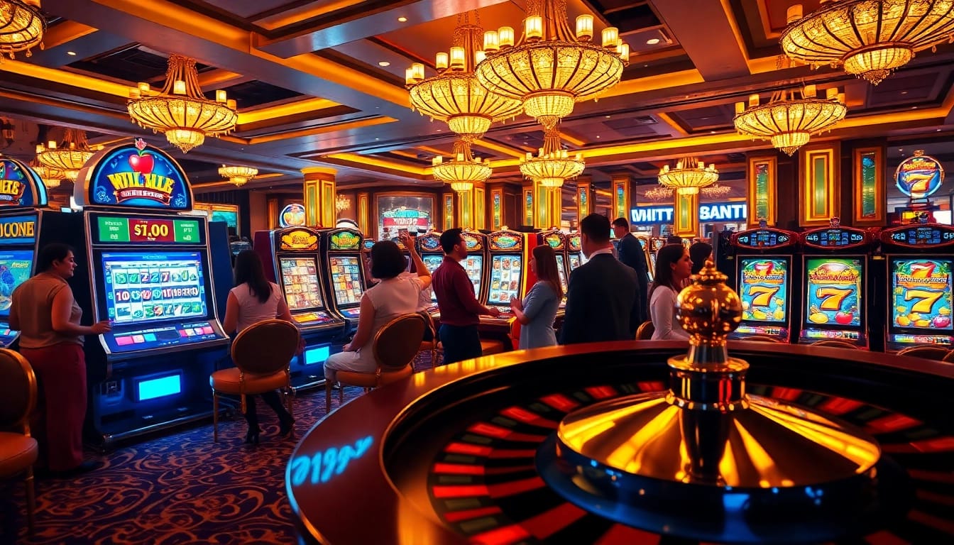 Experience thrilling slot gameplay at qqmacan with vibrant slot machines and a lively casino atmosphere.