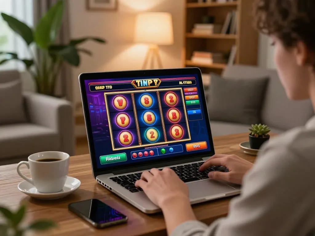 Engaging in online slots gameplay on a laptop in a cozy living room environment