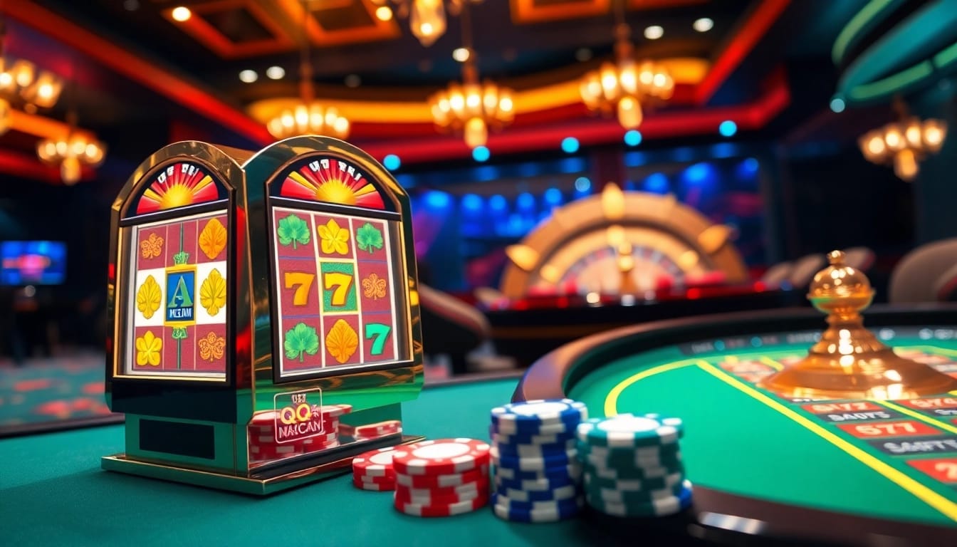 Experience the thrill of QQMacan gaming with vibrant slots and luxury casino elements.